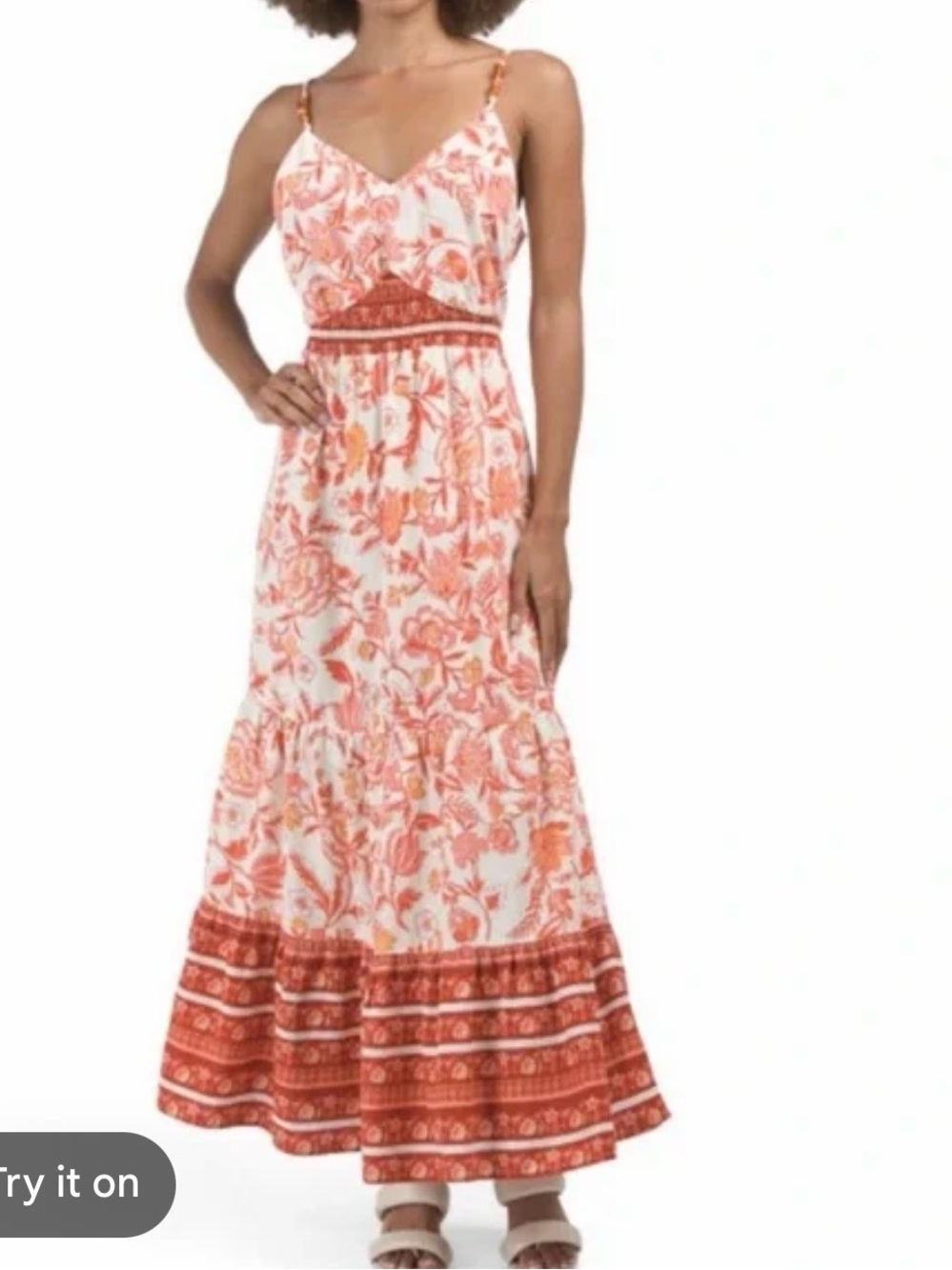 Rachel Zoe Coral and White Floral Maxi Dress with Spaghetti Straps